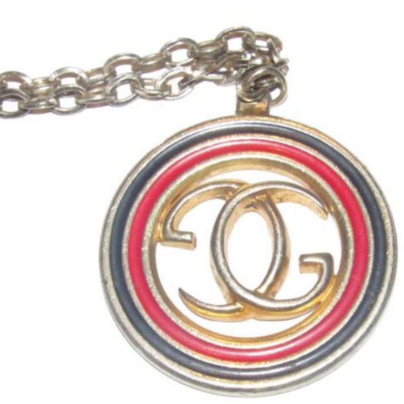 Gucci Bold Gold 'GG' logo Red Blue Enamel Pendant - Picture 1 of 6